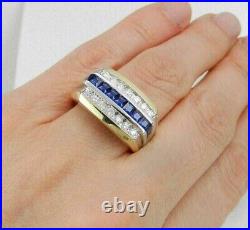 2Ct Lab Created Diamond & Blue Sapphire Mens Wedding Ring 14k Yellow Gold Plated