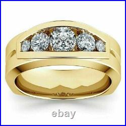 2Ct Lab Created Diamond Men's 5 Stone Wedding Ring 14K Yellow Gold Plated Silver