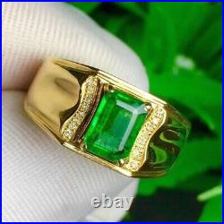 2Ct Lab Created Emerald Cut Green Emerald Men's Ring 14K Yellow Gold Plated