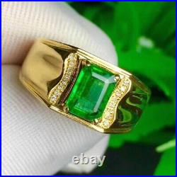 2Ct Lab Created Emerald Cut Green Emerald Men's Ring 14K Yellow Gold Plated