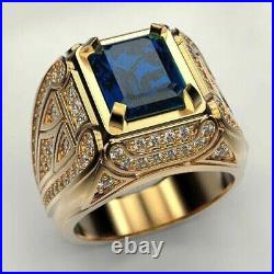 2Ct Lab Created Enerald Blue Sapphire Men's Wedding Ring 14K Yellow Gold Plated