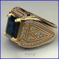 2Ct Lab Created Enerald Blue Sapphire Men's Wedding Ring 14K Yellow Gold Plated