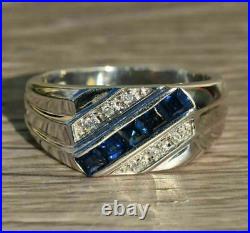 2Ct Princess Cut Blue Sapphire Men's Engagement Ring 14K White Gold Plated