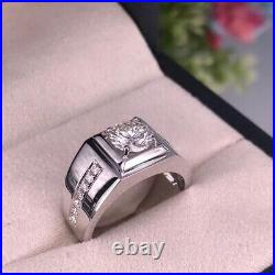 2Ct Round Cut Real Moissanite Solitaire Engagement White Gold Plated Men's Ring