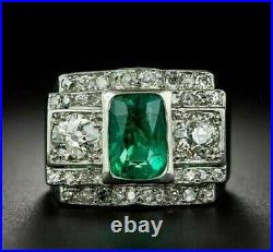 2.27 Ct Simulated Emerald Bezel Set Men's Engagement Vintage Ring 14K White Gold
