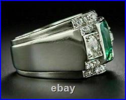 2.27 Ct Simulated Emerald Bezel Set Men's Engagement Vintage Ring 14K White Gold