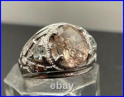 2.635 Ct Morganite + Aquamarine. 925 Sterling Silver Mens Pinky Ring Sz 7.5,4gr