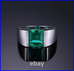 3.30Ct Princess Cut Green Emerald Wedding Band Ring For Mens 925 Sterling Silver