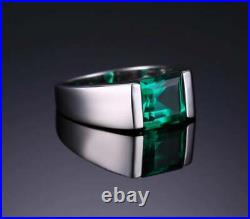 3.30Ct Princess Cut Green Emerald Wedding Band Ring For Mens 925 Sterling Silver
