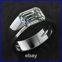 3 Ct Lab-Created Diamond Emerald Cut Mens Band Ring 14K White Gold Plated Silver