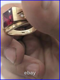 417 10K Yellow Gold 3ct Blood Ruby 0.25ctw Diamond Men's Ring S10 Vintage 112137
