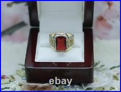 4CT Emerald Cut Red Ruby Antique Art Deco Vintage Men's Ring Yellow Gold Over