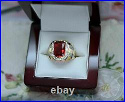 4CT Red Ruby Mens Antique Lab-Created Vintage Band Ring 14k Yellow Gold Finish