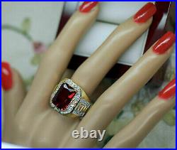 4CT Red Ruby Mens Antique Lab-Created Vintage Band Ring 14k Yellow Gold Finish
