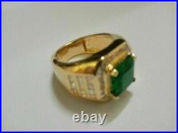 4Ct Lab Created Emerald & Baguette Vintage Men's Ring 14K Yellow Gold Finish