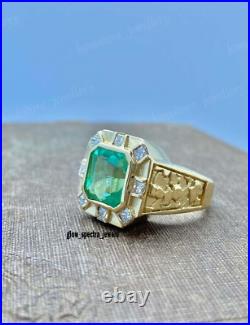 4.20Ct Colombian Emerald Men's Ring in 14K Yellow Gold Finish Simulated Diamond