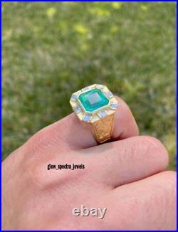 4.20Ct Colombian Emerald Men's Ring in 14K Yellow Gold Finish Simulated Diamond