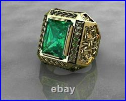 4.60 CT Green Emerald Solitaire Vintage Men's Filigree Ring 14K Yellow Gold Over