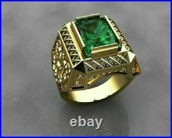 4.60 CT Green Emerald Solitaire Vintage Men's Filigree Ring 14K Yellow Gold Over
