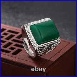 5CT Emerald Cut Gem Green Agate Ring 925 Silver Vintage Men's Chrysoprase Ring