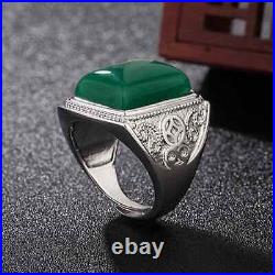 5CT Emerald Cut Gem Green Agate Ring 925 Silver Vintage Men's Chrysoprase Ring