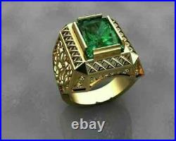 5Ct Green Natural Emerald Cut Solitaire Vintage Mens Ring 14K Yellow Gold