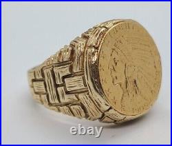 $5 Indian Head 1909 Vintage Estate Mens Ring 14K Yellow Gold Plated