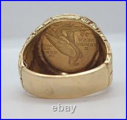 $5 Indian Head 1909 Vintage Estate Mens Ring 14K Yellow Gold Plated