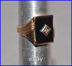 60s Vintage Solid 10k Gold 9g Black Onyx & Diamond Mens Ring Smooth Back Sz 10