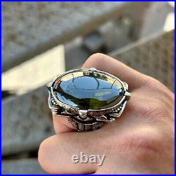 925 Men Silver Peridot Gemstone Ring Large Handmade Ottoman Engraved Men Ring