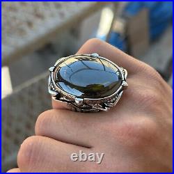 925 Men Silver Peridot Gemstone Ring Large Handmade Ottoman Engraved Men Ring