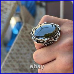 925 Men Silver Peridot Gemstone Ring Large Handmade Ottoman Engraved Men Ring