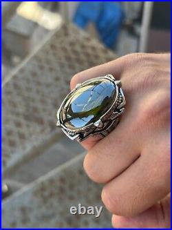 925 Men Silver Peridot Gemstone Ring Large Handmade Ottoman Engraved Men Ring