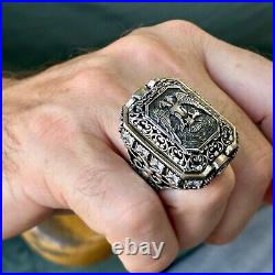 925 Silver Men Large Eagle Ottoman Style Handmade Ring Large Square Mens Ring