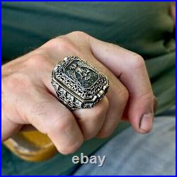 925 Silver Men Large Eagle Ottoman Style Handmade Ring Large Square Mens Ring