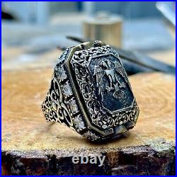 925 Silver Men Large Eagle Ottoman Style Handmade Ring Large Square Mens Ring