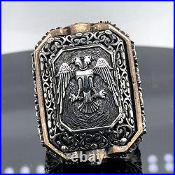 925 Silver Men Large Eagle Ottoman Style Handmade Ring Large Square Mens Ring