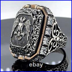 925 Silver Men Large Eagle Ottoman Style Handmade Ring Large Square Mens Ring