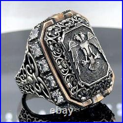 925 Silver Men Large Eagle Ottoman Style Handmade Ring Large Square Mens Ring