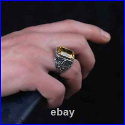 925 Sterling Silver Ring for Men 3Ct Lab Citrine Gemstone Vintage Gift