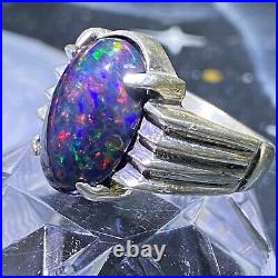 925 sterling Silver men' ring Natural black fire opal Australian opal silver
