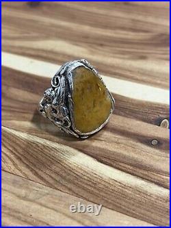 925 sterling silver Huge Yellow Jasper Dragon Vintage Mens ring Size 8.25