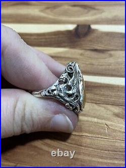 925 sterling silver Huge Yellow Jasper Dragon Vintage Mens ring Size 8.25