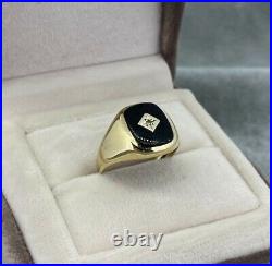 9ct Yellow Gold Vintage Mens Onyx & Diamond Signet Ring Size S UK Hallmarked