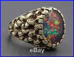 AAA Grade Opal Triplet & 9ct Yellow Gold Wide Band Patterned Vintage Mens Ring