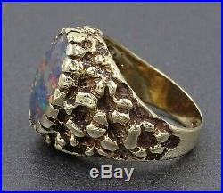 AAA Grade Opal Triplet & 9ct Yellow Gold Wide Band Patterned Vintage Mens Ring