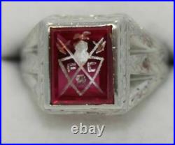 ANTIQUE 10K White Gold FCB Knights Society Type Red Gem Ring Size 9.5