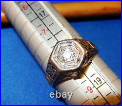ANTIQUE OLD MINE DIAMOND & BLACK ENAMEL 14K YELLOW GOLD MENS RING withBox