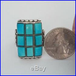 A+ VINTAGE ZUNI STERLING SILVER TURQUOISE COBBLESTONE INLAY MEN'S RING size 9