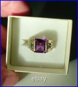 Alexandrite & Genuine Emerald Solid Gold Mens Strong Color Change Ring size 9.5